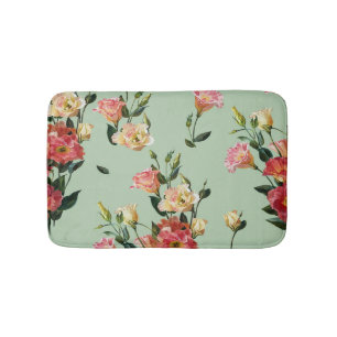 Victorian Lisianthus: Olive Floral Watercolor. Bath Mat