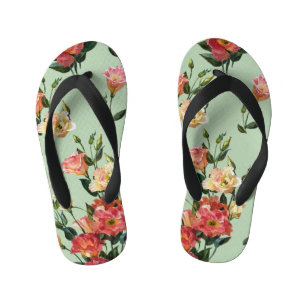 Victorian Lisianthus: Olive Floral Watercolor. Kid's Jandals