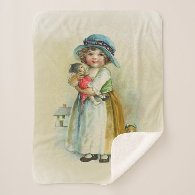 Victorian Little Girl Blue Hat Holding Dolls Tan Sherpa Blanket (Front)