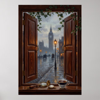 Victorian London Big Ben Rainy Day Oil Painting Poster