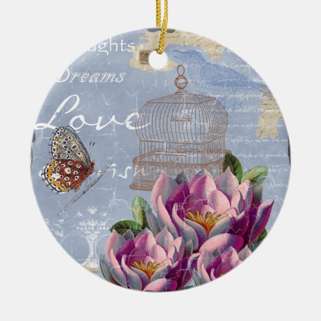 Victorian Love Thoughts Dreams Butterfly Bird Cage Ceramic Tree Decoration (Front)