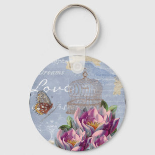 Victorian Love Thoughts Dreams Butterfly Bird Cage Key Ring