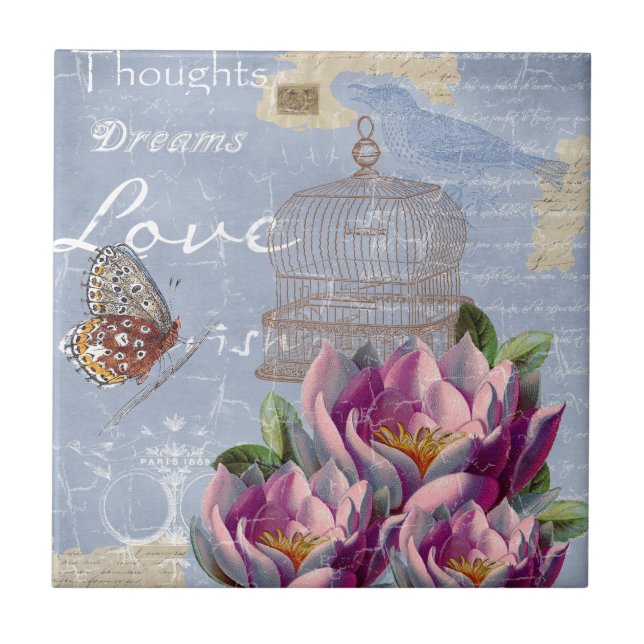 Victorian Love Thoughts Dreams Butterfly Bird Cage Tile (Front)