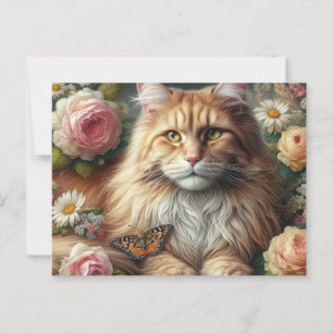 Victorian Maine Coon Cat with Pink Roses  Postcard