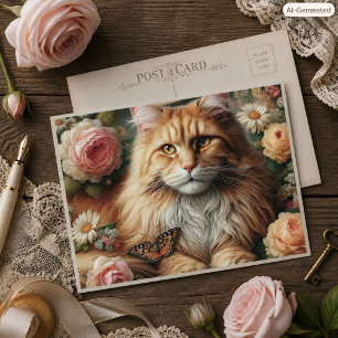 Victorian Maine Coon Cat with Pink Roses Postcard