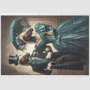Victorian Man Woman Horse Head Teal Decoupage Tissue Paper