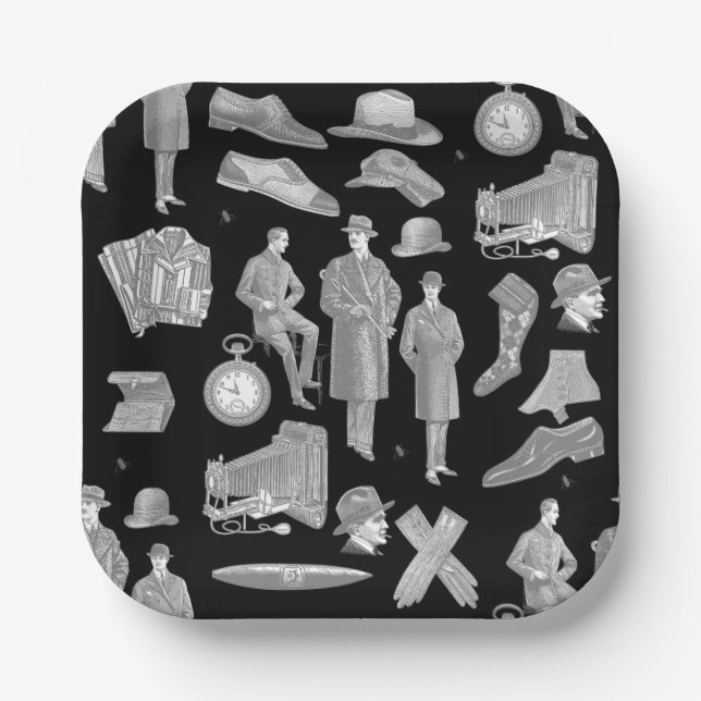 victorian men's style antique menswear toile black paper plate (Front)