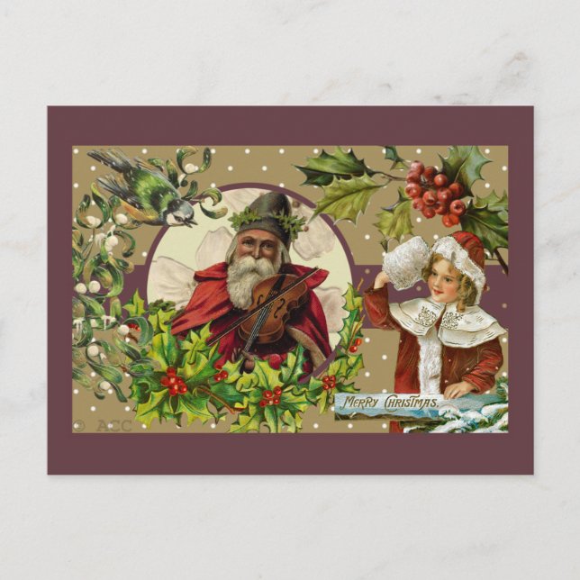 Victorian Merry Christmas Santa Girl Bird Holiday Postcard (Front)