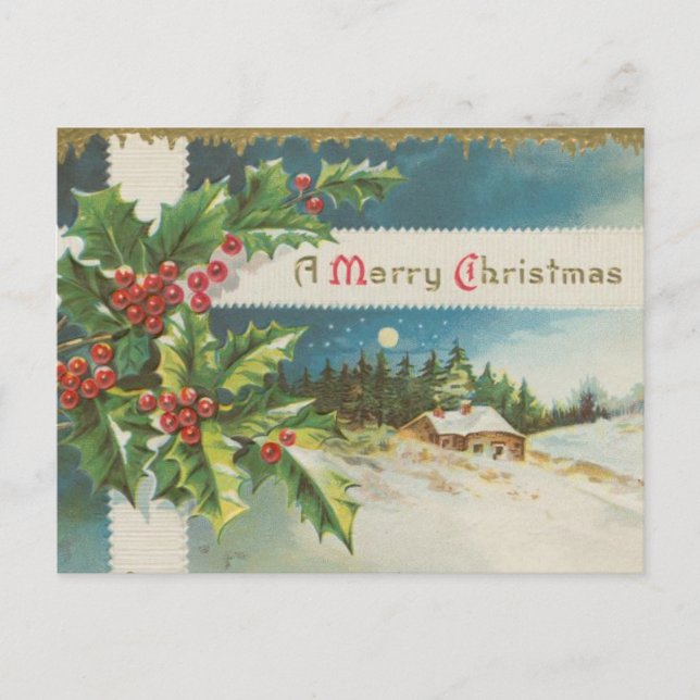 Victorian Merry Christmas with Holly Berries Postcard (Front)