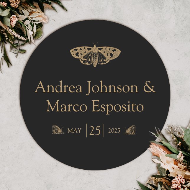 Victorian Moth Elegant Gothic Wedding Favour Classic Round Sticker (Gothic moth wedding sticker)