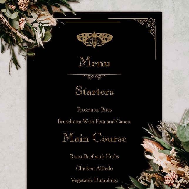 Victorian Moth Elegant Gothic Wedding Menu (Gothic Moth Tattoo Wedding Menu Vintage)