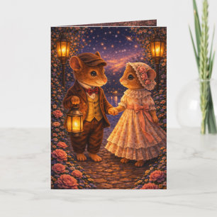 Victorian Mouse Couple Walking Lantern Light Card