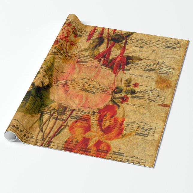 Victorian Music Sheet Watercolor Flower Wallpaper Wrapping Paper (Unrolled)