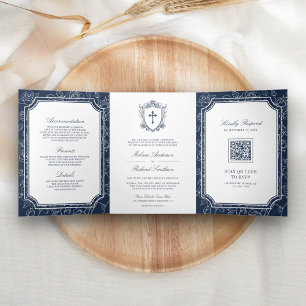 Victorian Navy Blue Catholic QR Code Wedding Tri-Fold Invitation