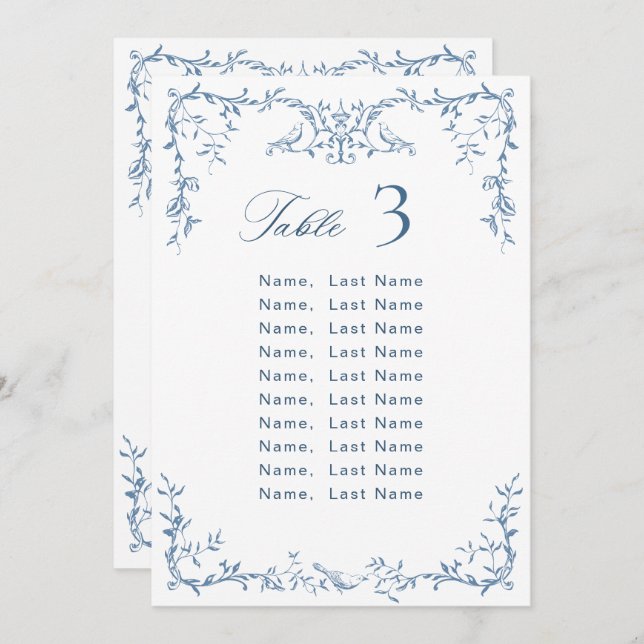 Victorian Ornate Blue Wedding Seating Chart Card (Front/Back)