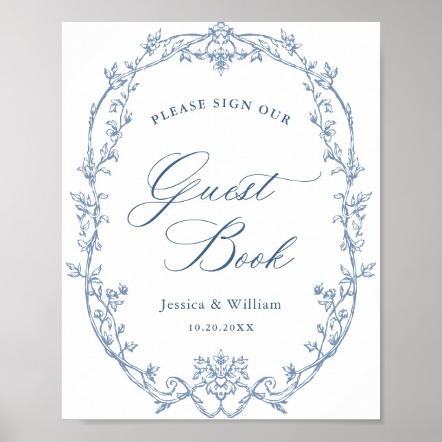 Victorian Ornate Dusty Blue Guestbook Wedding Sign (Front)