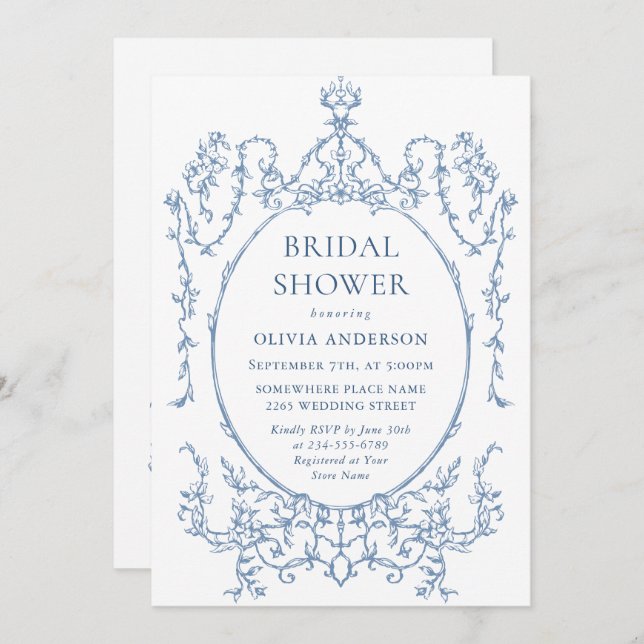 Victorian Ornate Floral Dusty Blue Bridal Shower Invitation (Front/Back)
