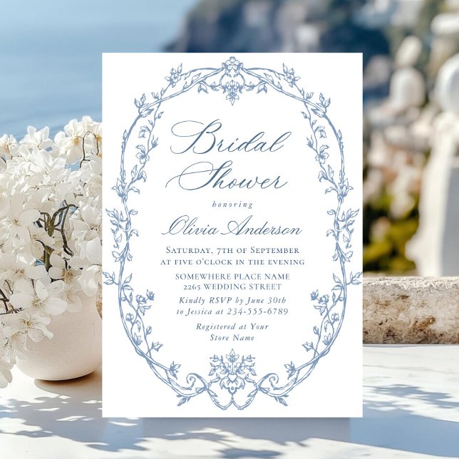 Victorian Ornate Floral Dusty Blue Bridal Shower Invitation (Creator Uploaded)
