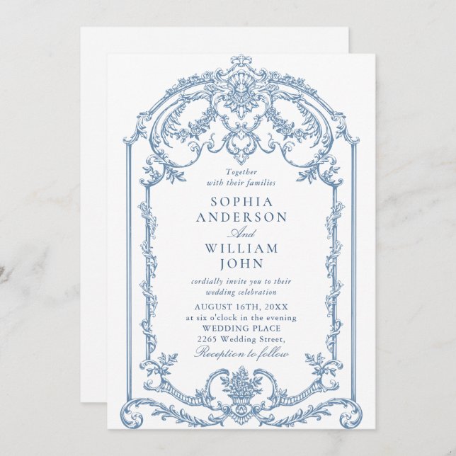 Victorian Ornate Floral Dusty Blue QR code Wedding Invitation (Front/Back)