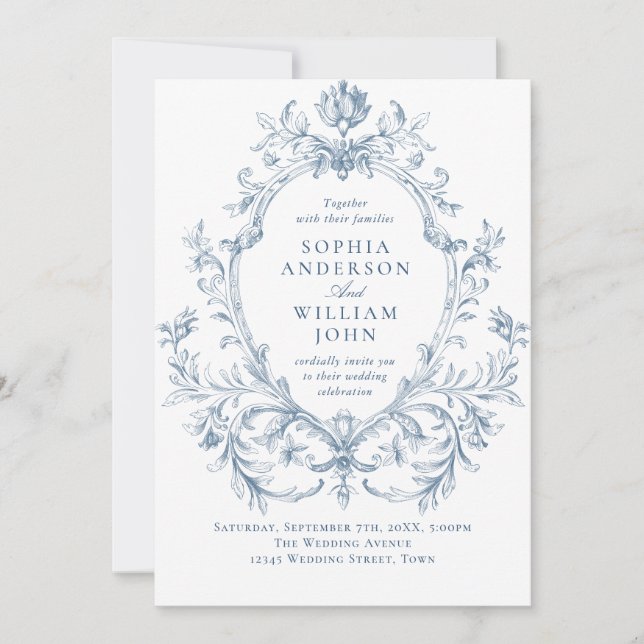 Victorian Ornate Floral Dusty Blue QR code Wedding Invitation (Front)