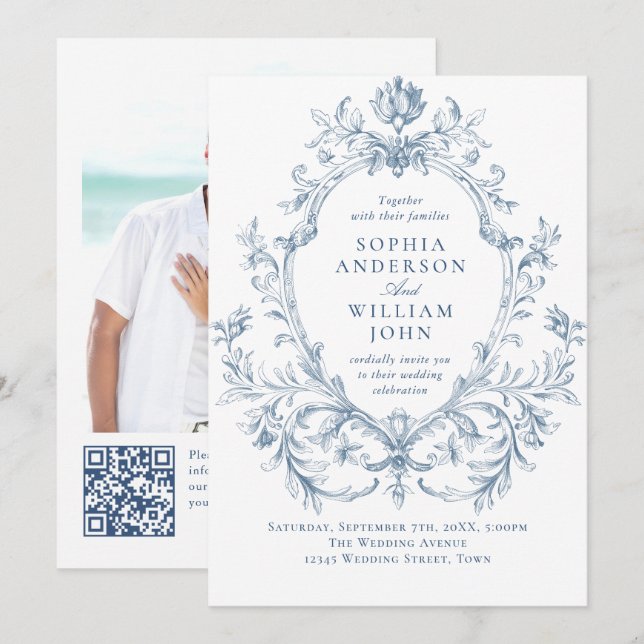Victorian Ornate Floral Dusty Blue QR code Wedding Invitation (Front/Back)