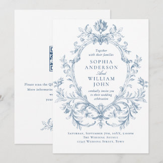 Victorian Ornate Floral Dusty Blue QR code Wedding Invitation
