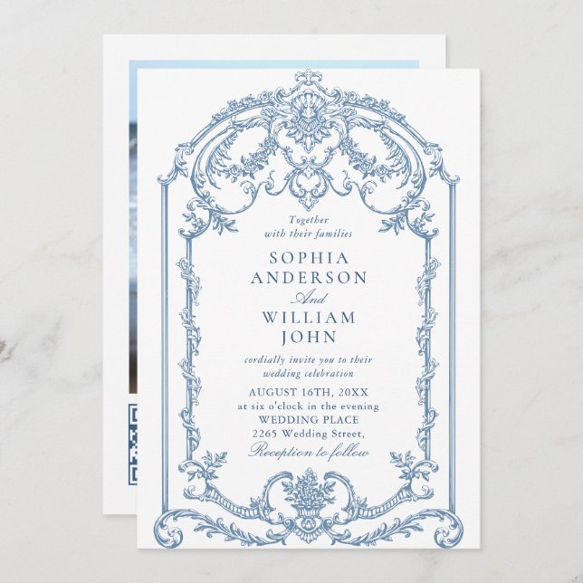 Victorian Ornate Floral Dusty Blue QR code Wedding Invitation (Front/Back)