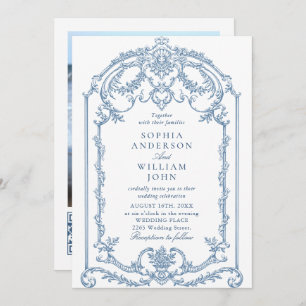 Victorian Ornate Floral Dusty Blue QR code Wedding Invitation