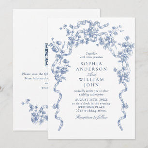 Victorian Ornate Floral Dusty Blue Wedding QR code Invitation