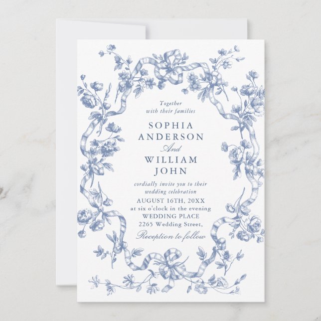 Victorian Ornate Floral Dusty Blue Wedding QR code Invitation (Front)