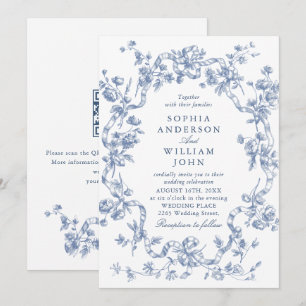 Victorian Ornate Floral Dusty Blue Wedding QR code Invitation