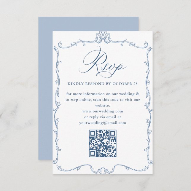 Victorian Ornate Floral Dusty Blue Wedding QR code RSVP Card (Front/Back)
