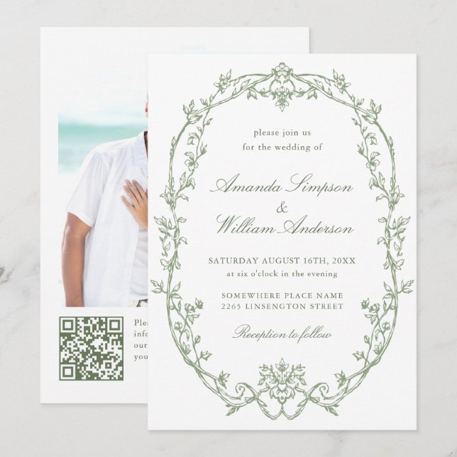 Victorian Ornate Floral Sage Green QR code Wedding Invitation (Front/Back)