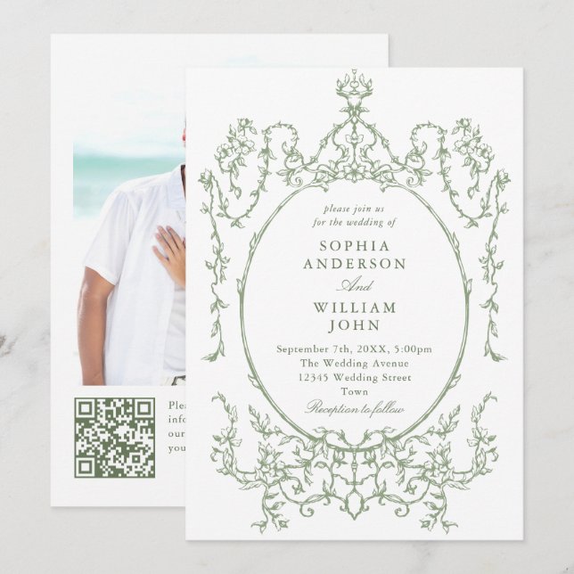 Victorian Ornate Floral Sage Green QR code Wedding Invitation (Front/Back)