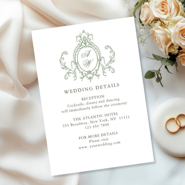 Victorian Ornate Floral Sage Green Wedding Details Enclosure Card (Creator Uploaded)