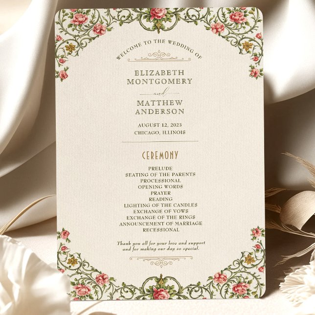 Victorian Ornate Gold Arch & Pink Roses Program Invitation (Creator Uploaded)