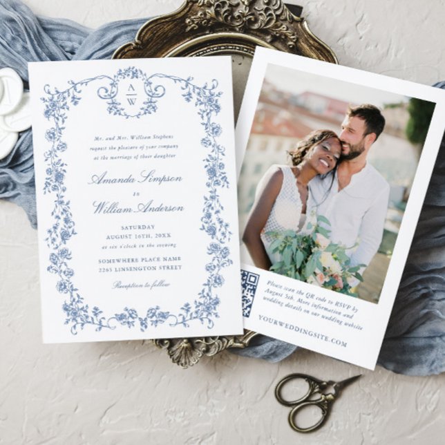 Victorian Ornate Grace Blue Floral Wedding QR code Invitation (Creator Uploaded)
