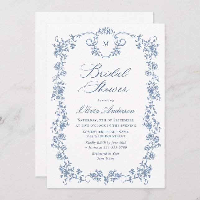 Victorian Ornate Grace Dusty Blue Bridal Shower Invitation (Front/Back)