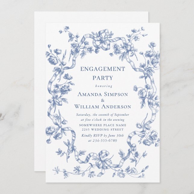 Victorian Ornate Grace Dusty Blue ENGAGEMENT PARTY Invitation (Front/Back)