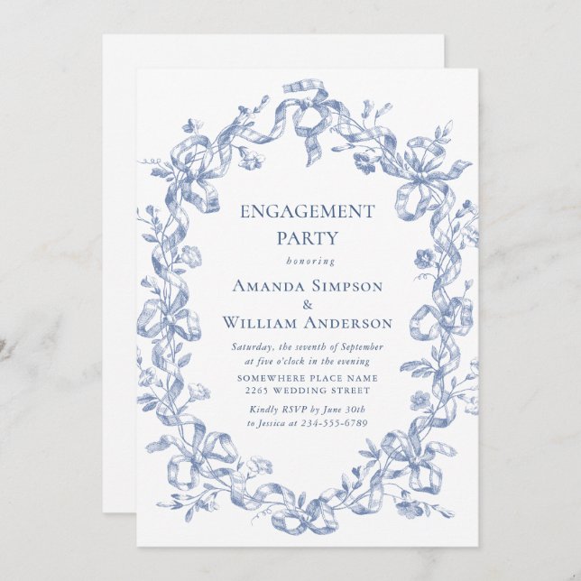 Victorian Ornate Grace Dusty Blue ENGAGEMENT PARTY Invitation (Front/Back)
