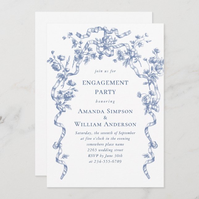 Victorian Ornate Grace Dusty Blue ENGAGEMENT PARTY Invitation (Front/Back)
