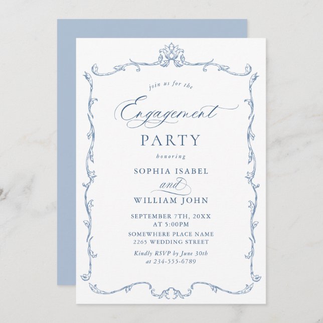 Victorian Ornate Grace Dusty Blue ENGAGEMENT PARTY Invitation (Front/Back)