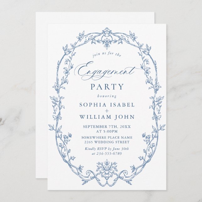 Victorian Ornate Grace Dusty Blue ENGAGEMENT PARTY Invitation (Front/Back)