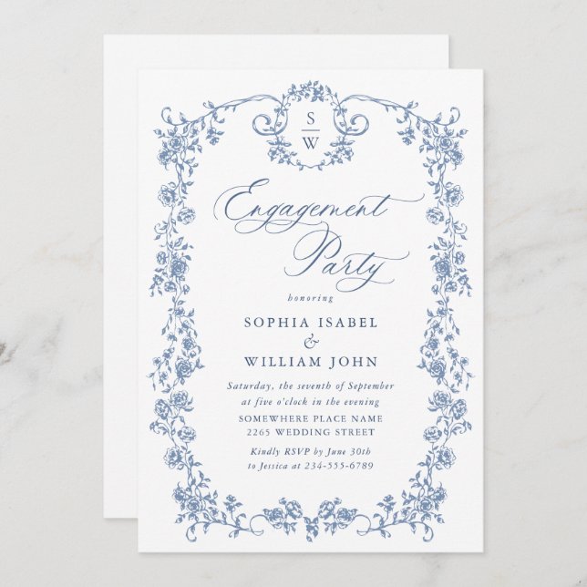 Victorian Ornate Grace Dusty Blue ENGAGEMENT PARTY Invitation (Front/Back)
