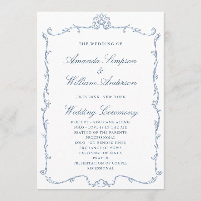 Victorian Ornate Grace Dusty Blue Wedding Ceremony Programme (Front)