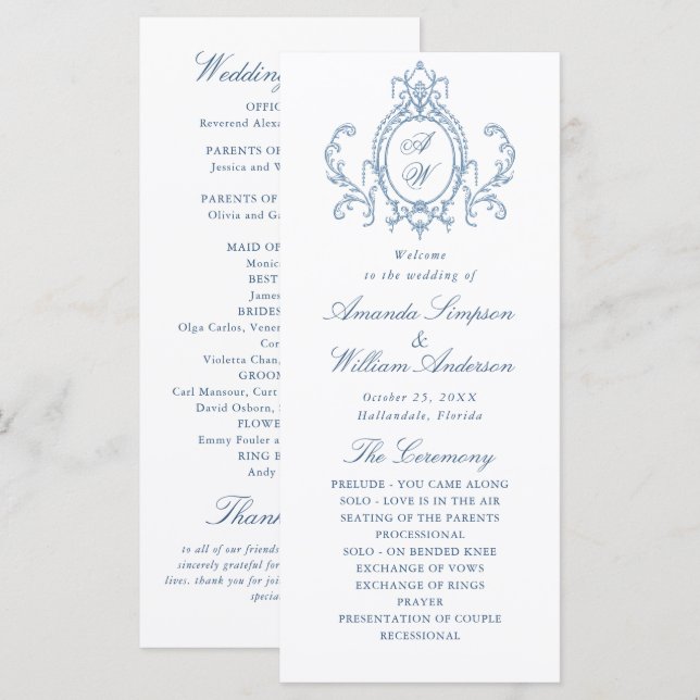 Victorian Ornate Grace Dusty Blue Wedding Ceremony Programme (Front/Back)