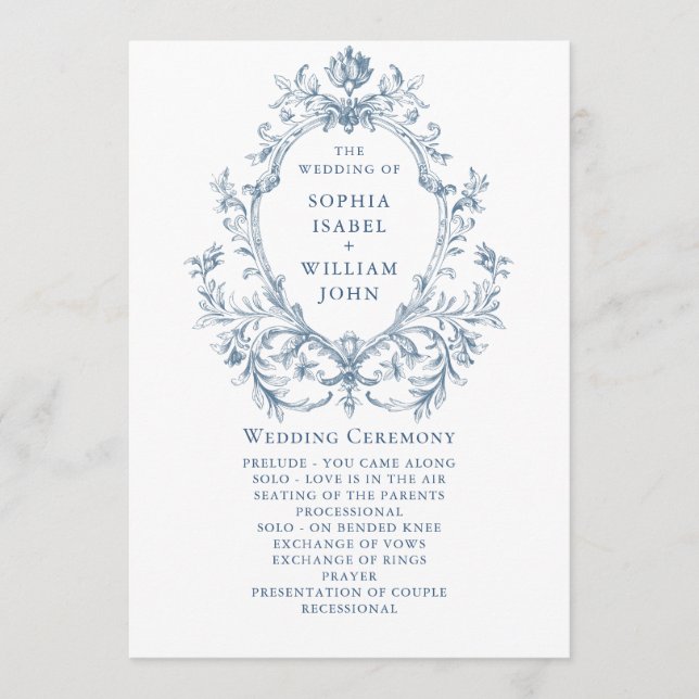 Victorian Ornate Grace Dusty Blue Wedding Ceremony Programme (Front)