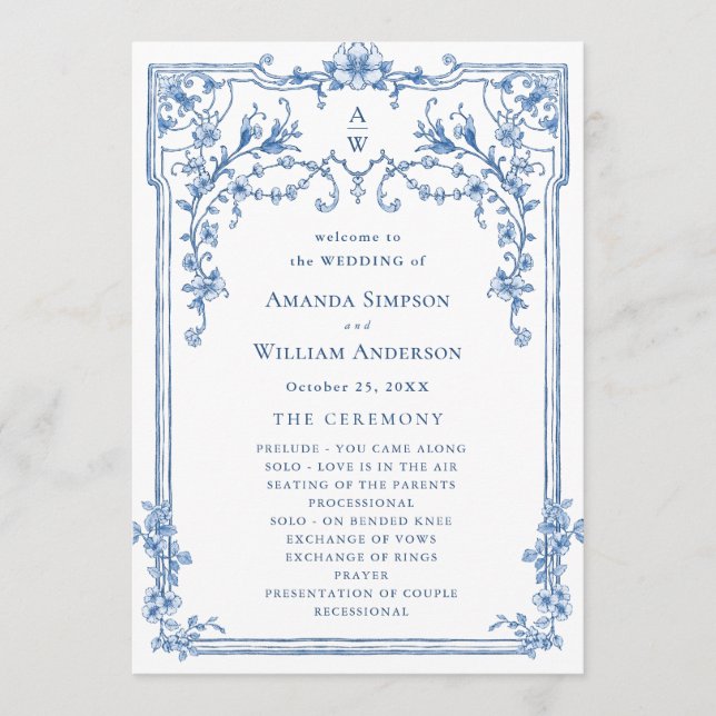 Victorian Ornate Grace Dusty Blue Wedding Ceremony Programme (Front)