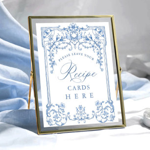 Victorian Ornate Grace Floral Blue Recipe Cards Poster