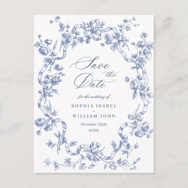 Victorian Ornate Grace Floral Blue Save the Date Postcard (Front)